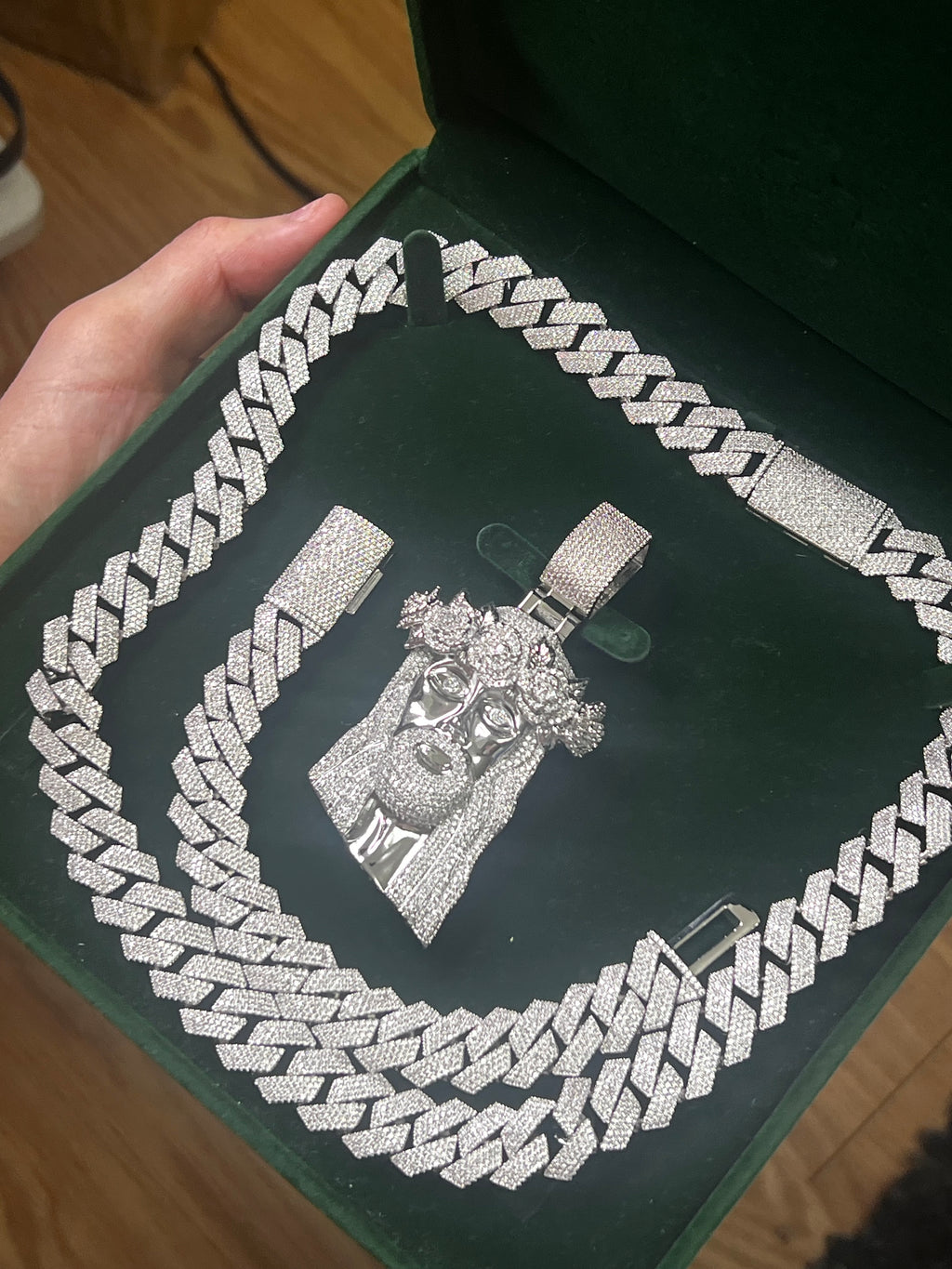 14k white gold bonded chain bracelet and pendant set