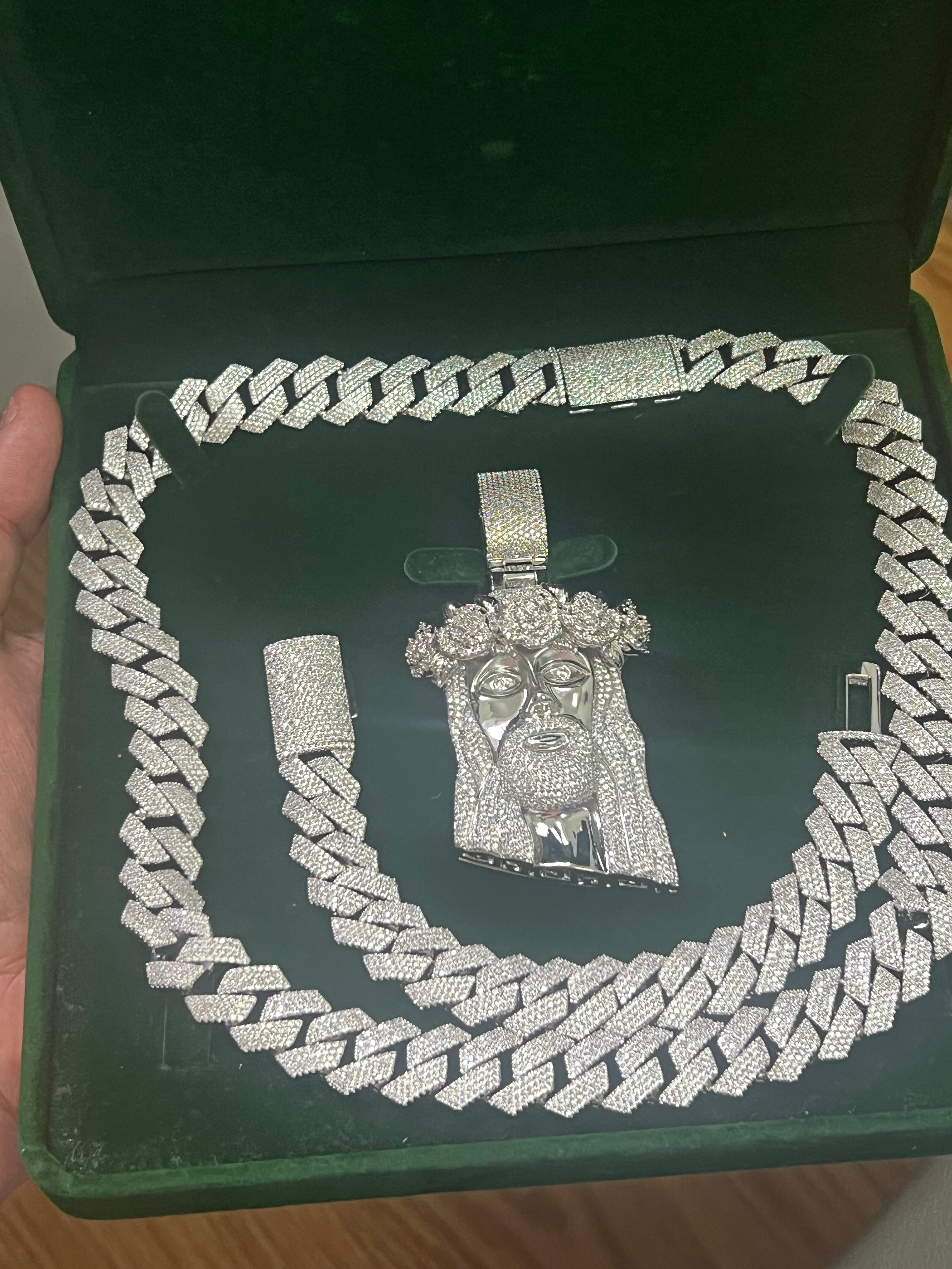 14k white gold bonded chain bracelet and pendant set